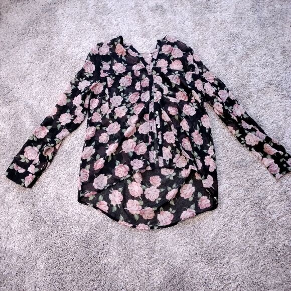 Forever 21 High Low Button Front Floral Black and Pink Sheer Top Sz S - Picture 1 of 9
